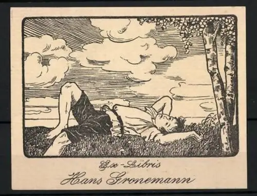Exlibris Hans Gronemann, Mann liegend unter Bäumen im Freien