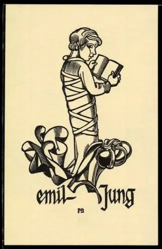 Exlibris Emil Jung, Lesender Junge mit Buch und Band, Künstler PB