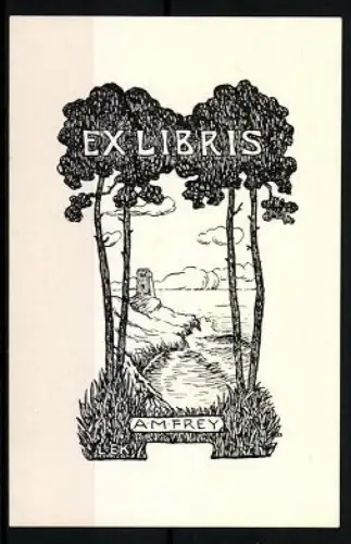 Exlibris A. M. Frey, Landschaft mit Turm und Bäumen