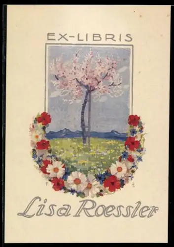 Exlibris Lisa Roessler, Blühender Baum mit Blumenkranz