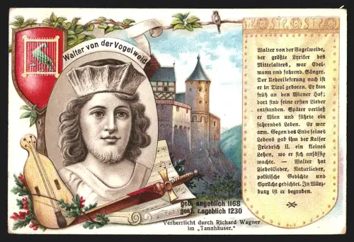 Sammelbild Berlin, Hermann Meyer & Co., Weingrosshandlung, Portrait Walter von der Vogelweide, Kaufmannsbild