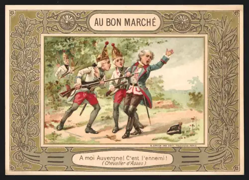 Sammelbild Paris, Kaufhaus Bon Marché von Aristide Boucicaut, Soldaten mit Gewehren, Kaufmannsbild