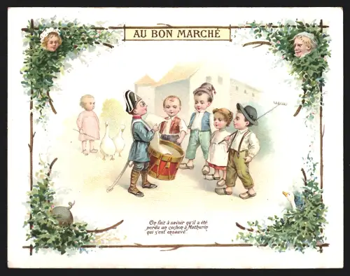 Sammelbild Paris, Kaufhaus Bon Marché von Aristide Boucicaut, Kinder mit Trommel in einem Ort, Kaufmannsbild