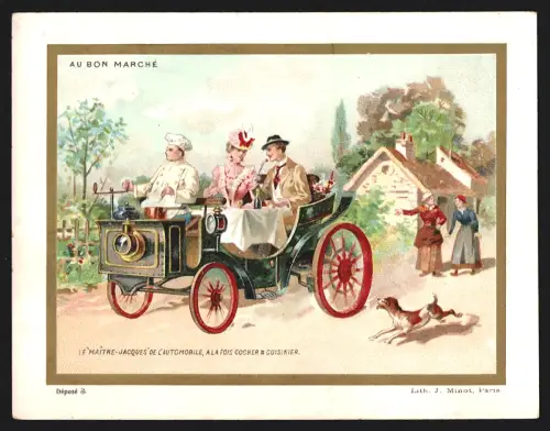 Sammelbild Paris, Kaufhaus Bon Marché von Aristide Boucicaut, Elegantes Paar durchquert einen Ort, Kaufmannsbild