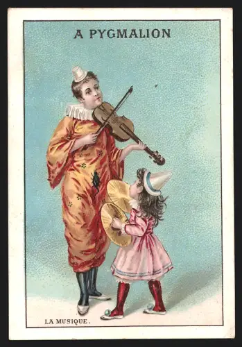 Sammelbild Paris, Kaufhaus Pygmalion, Clown mit Violine steht vor einem Mädchen, Kaufmannsbild