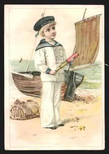 Sammelbild Bruxelles, L. Abraham, Modegeschäft, Junge mit Fernrohr und Matrosenanzug, Kaufmannsbild