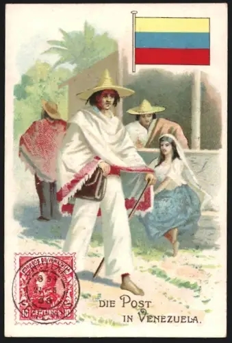 Sammelbild Linz a. D., Weinzinger & Beyer, Nadlerwaren, Postmann in Venezuela in einem Ort, Kaufmannsbild