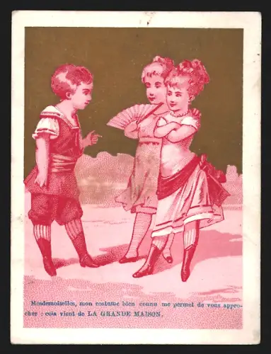 Sammelbild Troyes, Michel, Herrenbekleidung, Junge steht für zwei eleganten Mädchen mit Fächer, Kaufmannsbild