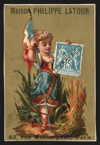 Sammelbild Paris, Maison Philippe Latour, Schuhmanufaktur, Mädchen mit Flagge und Briefmarke, Kaufmannsbild