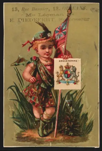 Sammelbild Orleans, Leoman Jne., Parfumerie, Kind mit Kilt und Flagge, Kaufmannsbild