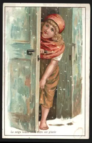 Sammelbild Paris, Maison J. Richard, Lingerie, Mercerie, Parapluies, Kind hinter einer Tür, Kaufmannsbild