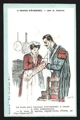 Sammelbild Paris, Au Petit Matelot, Bekleidungsgeschäft, Soldat zeigt einer Frau seine Tätowierung, Kaufmannsbild