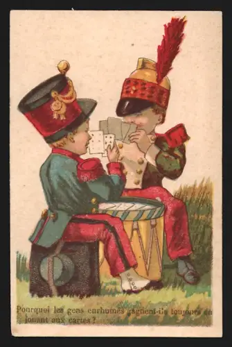 Sammelbild E. Berger, A la Tentation, Modebedarf, Soldaten beim Kartenspiel, Kaufmannsbild