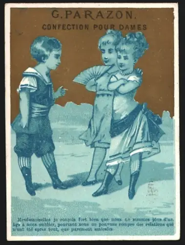 Sammelbild Tours, G. Parazon, Bekleidung für Damen, Drei modisch gekleidete Kinder, Kaufmannsbild
