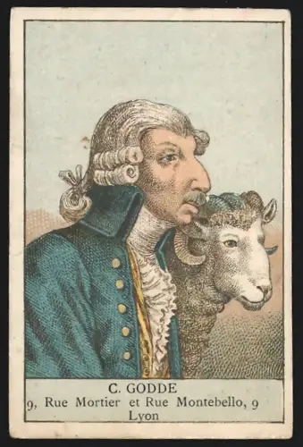 Sammelbild Lyon, C. Godde, Modegeschäft, Mann neben einem Bock, Kaufmannsbild