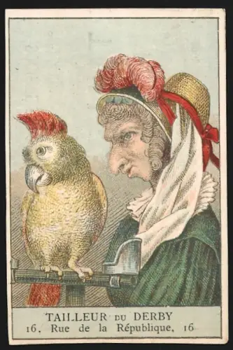 Sammelbild Paris, Tailleur du Derby, Schneiderei, Frau neben einem Vogel, Kaufmannsbild