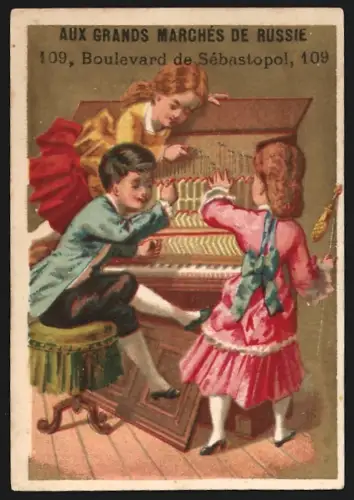 Sammelbild Paris, Aux Grands Marchés de Russie, Damenbekleidung, Kinder an einem Klavier, Kaufmannsbild
