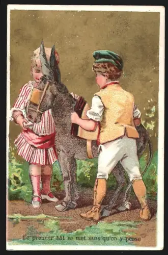 Sammelbild Paris, Bazar St-Philippe-du-Roule, Haushaltsartikel, Zwei Kinder mit einem Esel, Kaufmannsbild
