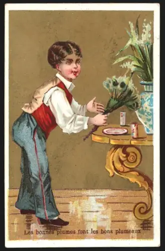 Sammelbild Paris, Bazar St-Philippe-du-Roule, Haushaltsartikel, Kind mit einem Blumenstrauss, Kaufmannsbild