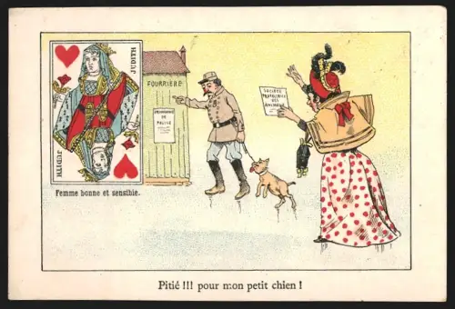 Sammelbild Cambrai, Cardon-Duverger, Chicorées Francaises, Soldat mit Hund zeigt auf eine Herzdame