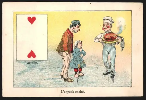 Sammelbild Cambrai, Cardon-Duverger, Chicorées Francaises, Koch mit einem gebratenen Hähnchen vor einem Landstreicher