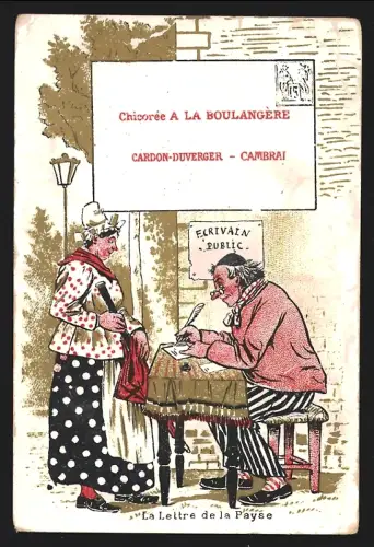 Sammelbild Cambrai, Cardon-Duverger, Chicorées Francaises, Frau steht vor einem Mann der einen Brief schreibt