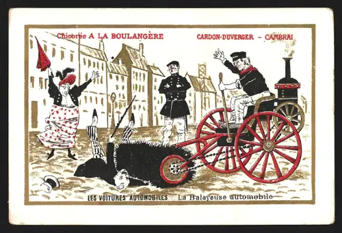 Sammelbild Cambrai, Cardon-Duverger, Chicorées Francaises, Strassenreinigung überfährt einen feinen Herren