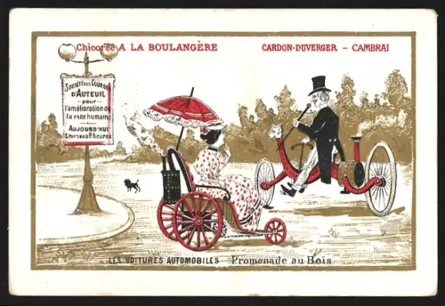 Sammelbild Cambrai, Cardon-Duverger, Chicorées Francaises, Gentleman fährt auf einem Dampffahrrad an einer Frau vorbei