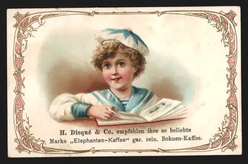 Sammelbild H. Disqué & Co., Elephanten-Kaffee, Holländische Kaffeebrennerei, Kind im Matrosenanzug und Bilderbuch