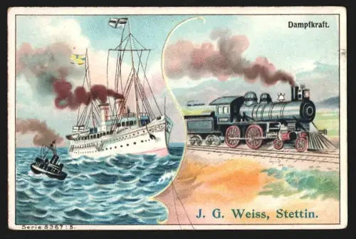 Sammelbild Stettin, J.G. Weiss, Chicorienfabrikate, Lokomotive und Dampfschiff