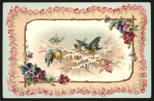 Sammelbild Freiburg i. Baden, Kuenzer & Co., Freiburger Früchten-Kaffee-Zusatz, Vögel sitzen auf einem vereisten Zweig