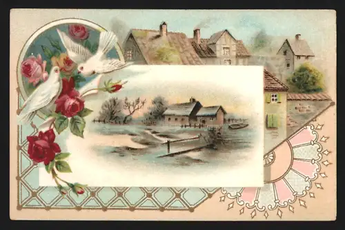 Sammelbild Freiburg i. Baden, Kuenzer & Co., Freiburger Früchten-Kaffee-Zusatz, Ortspartie und Vögel bei Rosen