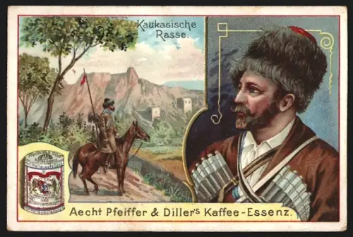 Sammelbild Horchheim b. Worms, Pfeiffer & Diller, Kaffee-Essenz, Kaukasier mit Fellmütze und zu Pferde