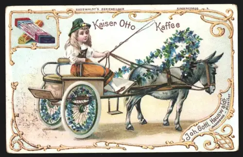 Sammelbild Magdeburg, Joh. Gottl. Hauswaldt, Kaffee-Zusatz, Mädchen auf einem Eselskarren mit Vergissmeinnicht