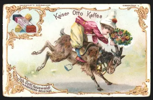 Sammelbild Magdeburg, Joh. Gottl. Hauswaldt, Kaffee-Zusatz, Junge mit Blumenstrauss reitet auf einer Ziege