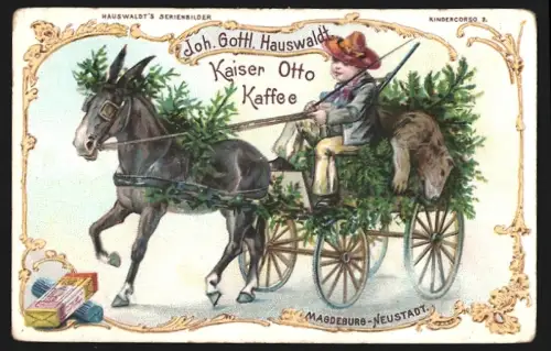 Sammelbild Magdeburg, Joh. Gottl. Hauswaldt, Kaffee-Zusatz, Junge sitzt auf einer Eselskutsche mit Jagdbeute