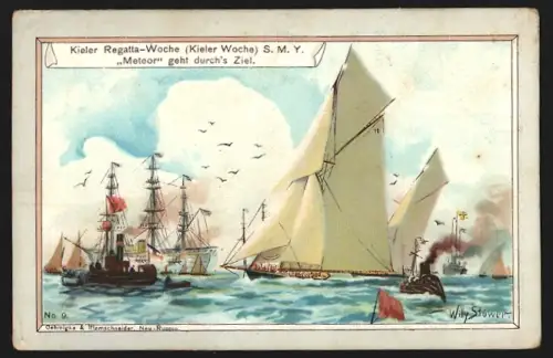 Sammelbild Braunschweig, Reusch und Schulz, Hermann Kaffee-Surrogat, Kieler Regatta-Woche, Meteor geht durchs Ziel