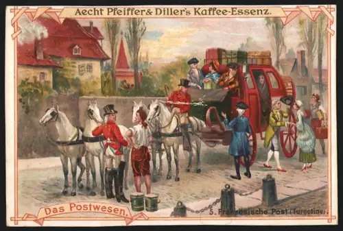 Sammelbild Horchheim bei Worms, Pfeiffer & Diller, Kaffee-Zusatz, Französische Postkutsche in einem Ort