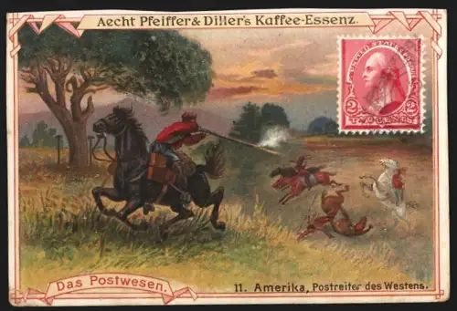 Sammelbild Horchheim bei Worms, Pfeiffer & Diller, Kaffee-Zusatz, Postreiter schiesst auf Ureinwohner