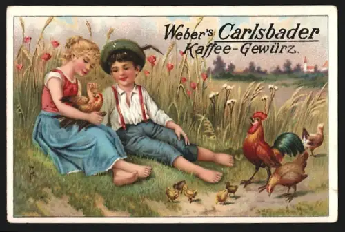 Sammelbild Radebeul, Otto E. Weber, Carlsbader Kaffee-Gewürz, Kinder mit Küken und Hühnern auf einer Wiese