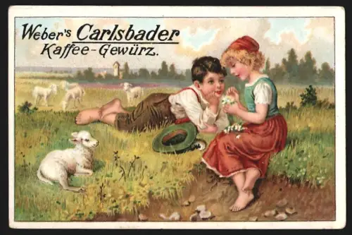 Sammelbild Radebeul, Otto E. Weber, Carlsbader Kaffee-Gewürz, Kinder mit Schafen auf einer Wiese