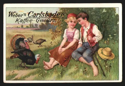 Sammelbild Radebeul, Otto E. Weber, Carlsbader Kaffee-Gewürz, Kinder mit Vögeln auf einer Wiese