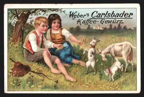 Sammelbild Radebeul, Otto E. Weber, Carlsbader Kaffee-Gewürz, Kinder mit Ziegen auf einer Wiese