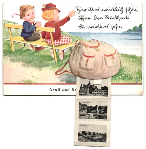 Leporello-AK Köln /Rhein, Rucksack mit Ansichten von Hindenburgbrücke, Neumarkt, Dom