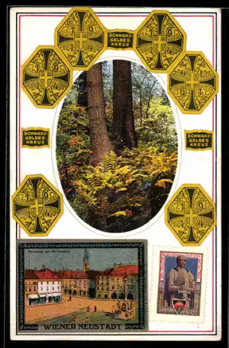 Handgemachte-Collage-AK Wien, Hauptplatz mit Mariensäule, Schwarz-gelbes Kreuz der Kriegsfürsorgeorganisation