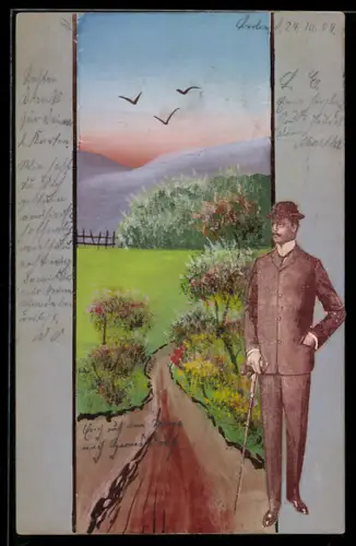 Handgemachte-Collage-AK Aufgeklebter Wanderer neben einer idyllischen Partie in der Natur