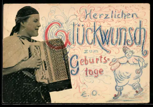 Handgemachte-Collage-AK Aufgeklebte Frau mit Akkordeon neben Zeichnung eines korpulenten Menschen