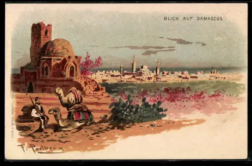 Künstler-AK Damascus, Blick auf die Stadt mit Ruine im Vordergrund