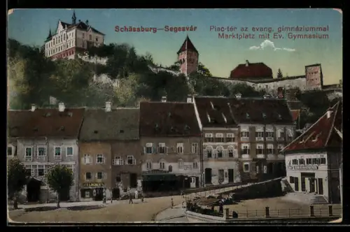 AK Schässburg, Marktplatz mit Ev. Gymnasium