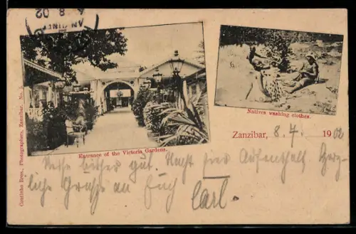 AK Zanzibar, Entrance of the Victoria Gardens. Natives washing clothes